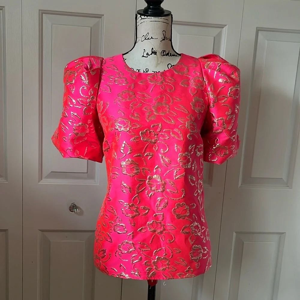 NWT Lilly Pulitzer Pratt Puff sleeve pink gold brocade top Sz XS SM - Picture 5 of 13